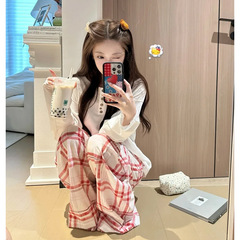 韩版甜美亲肤睡衣女款套装2025早秋新款长袖格子长裤可外穿家居服