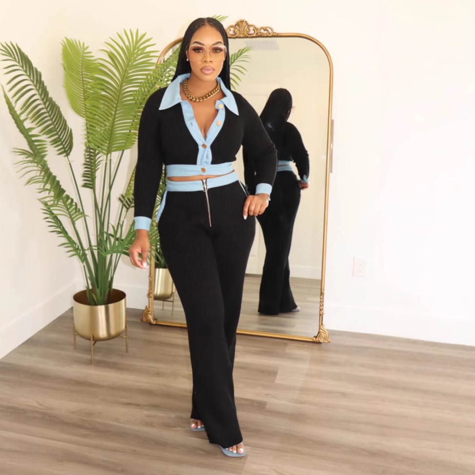 Abbigliamento donna sexy monopetto slim retro polo slim maglia pantaloni maglione due set_voghion.com