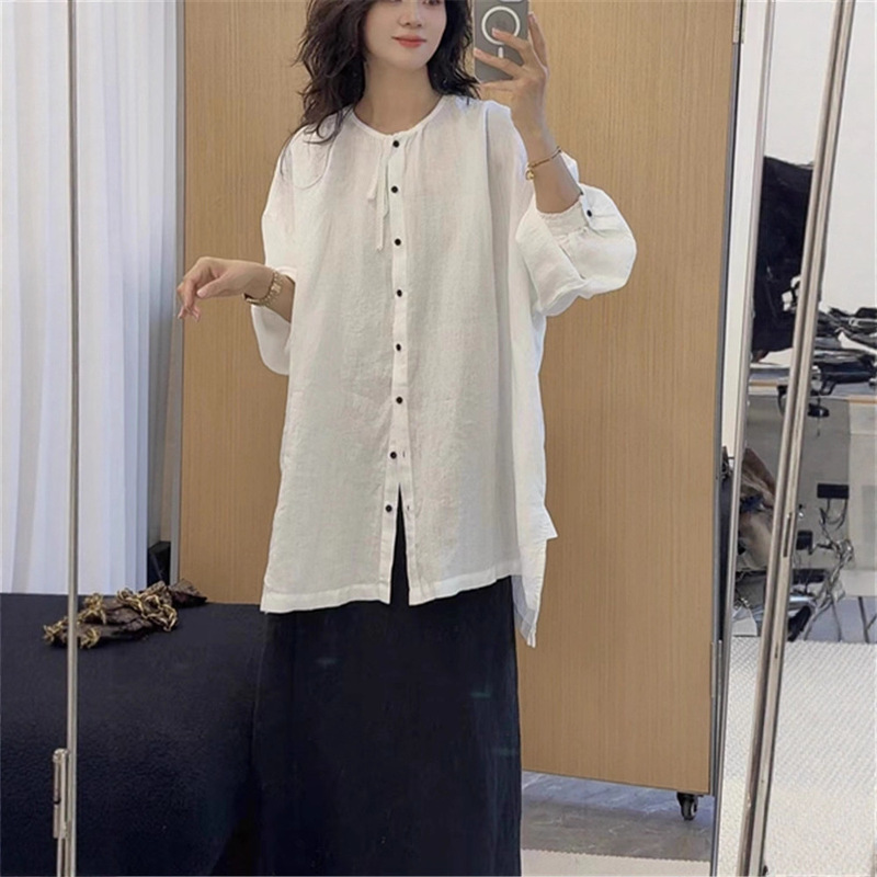 Lace-Up Round Neck Hemp Mid-Length Shirt for Women in Autum New Loose and Versatile Slimming Look Short Front and Long Back Top