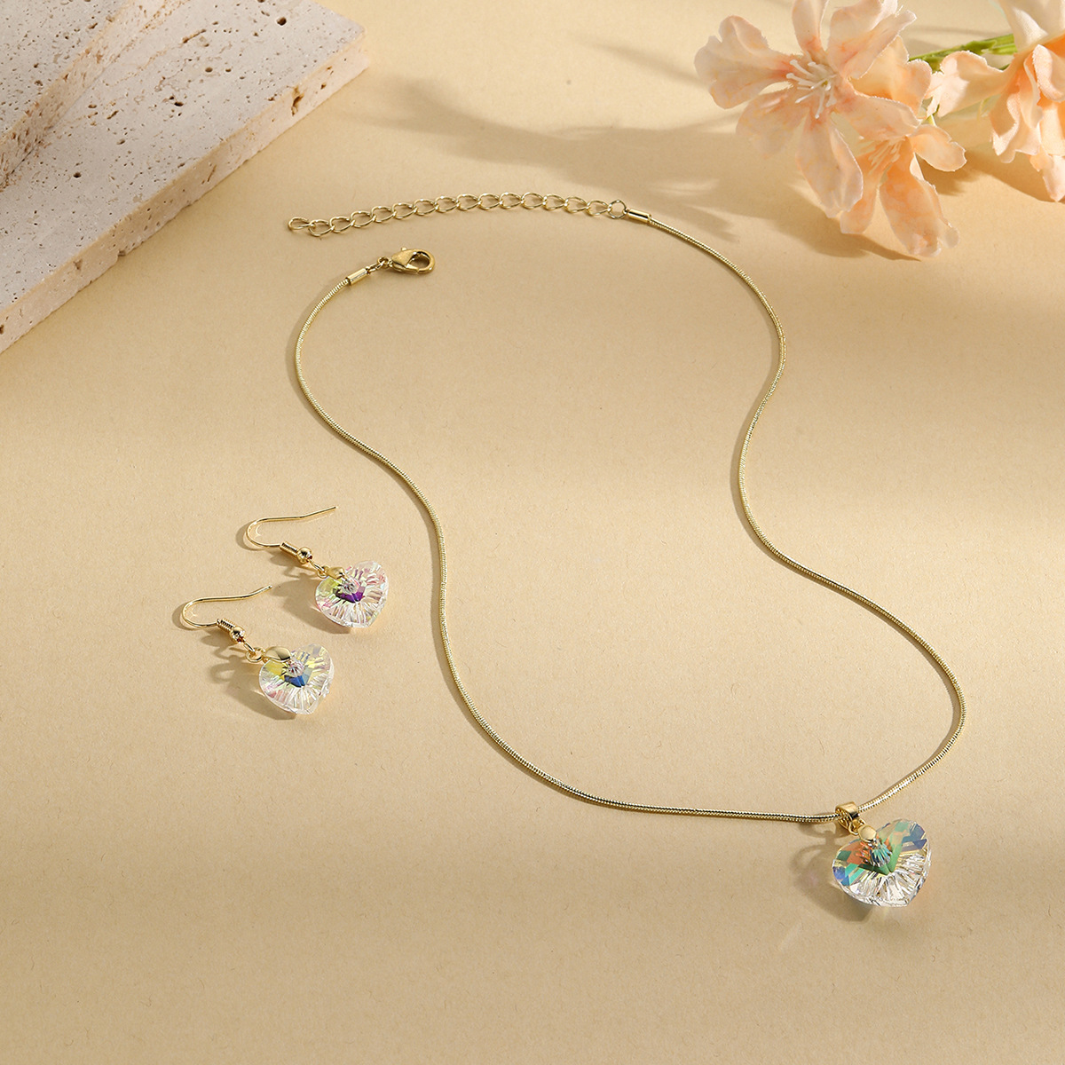 10g Weight Jewelry Set Classification Earrings + Necklace Quantity Holiday, Date Occasion Artificial Crystal, Alloy Material Heart Shape, Rectangle Pattern Women's Gender Simple Style Style Simple Style Heart Shape Rectangle Artificial Crystal Alloy Women's Jewelry Set 2
