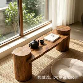 老榆木实木茶几桌客厅边几桌民宿茶室泡茶台木墩设计树桩茶几桌