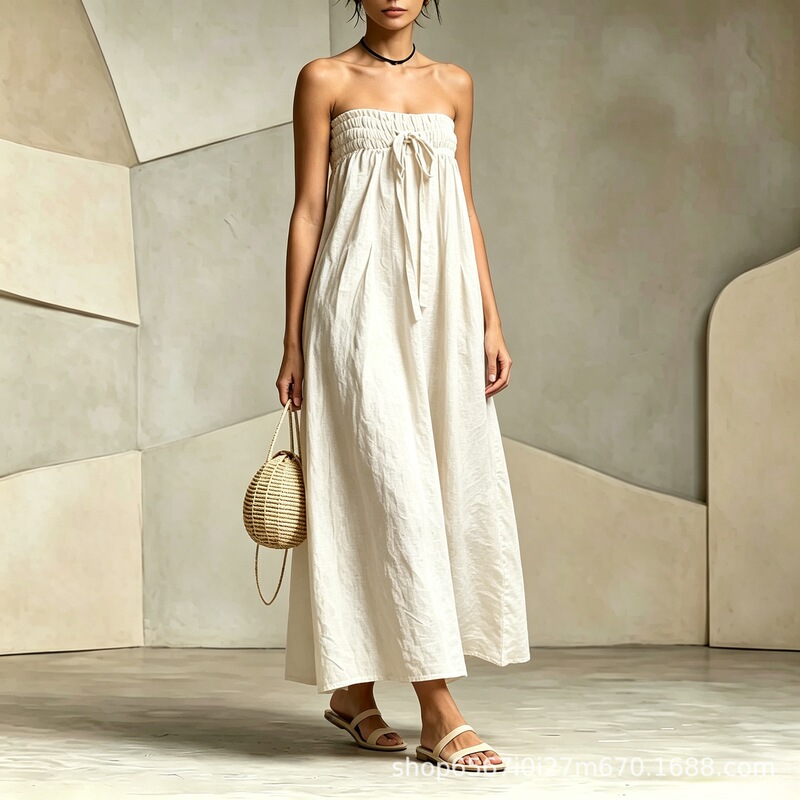 European and American style strapless dress for women, with ruched chest and tie straps, loose-fitting long dress for vacation and beach