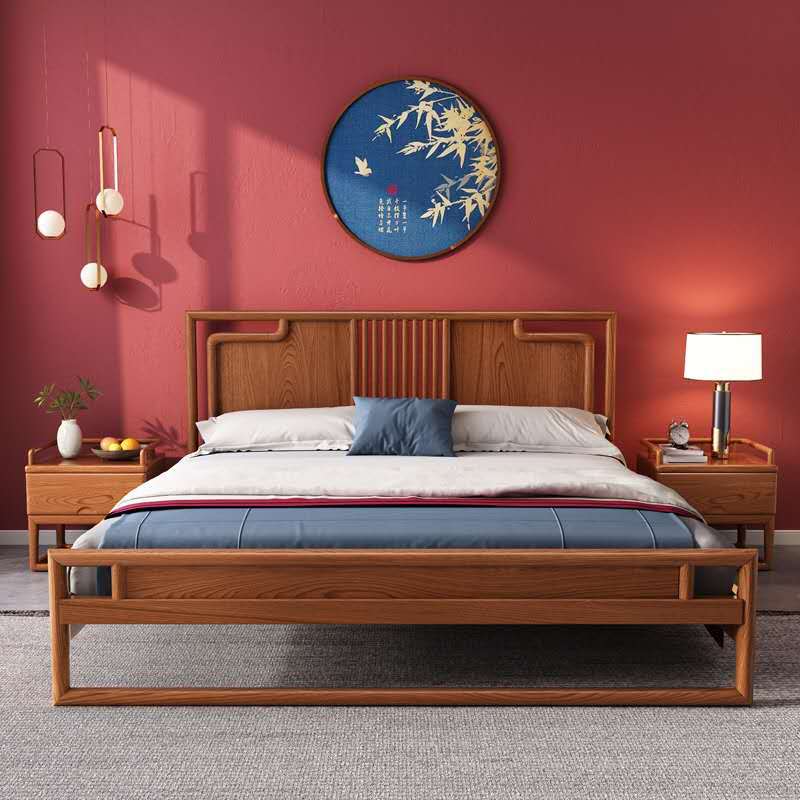 新中式家具全实木床白蜡木床头柜 主卧单双人床1.8米酒店民宿装饰