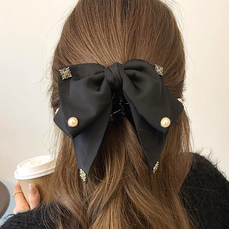 女性用レトロサテンリボンクリップ、ハイエンド、エレガント、ローポニーテールクリップ、後頭部クリップ、ヘアピン|undefined