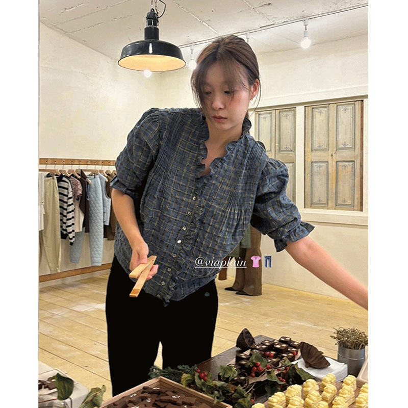 Korean Dongdaemun Viap*Ain Retro Casual Blue Plaid Pleated Ruffle Lace V-Neck Shirt Top Spring