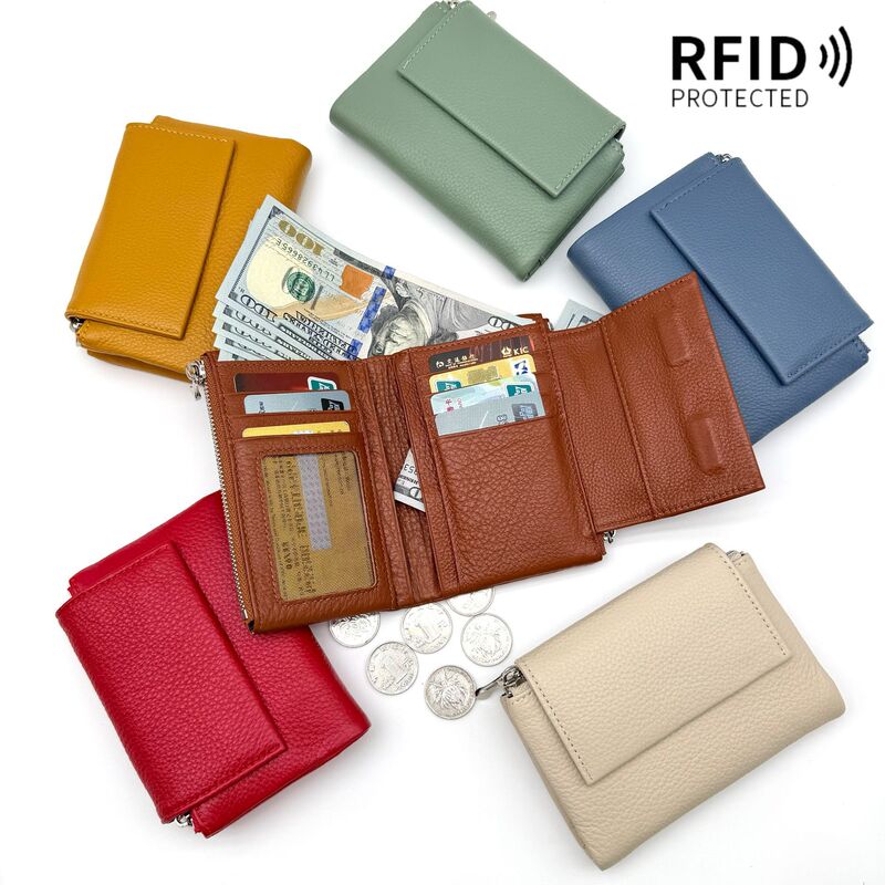 New style textured leather women's short wallet, top-layer cowhide with lychee pattern, genuine leather wallet, anti-theft RFID protection, large capacity New style textured leather women's short wallet, top-layer cowhide with lychee pattern, genuine leather wallet, anti-theft RFID protection, large capacity