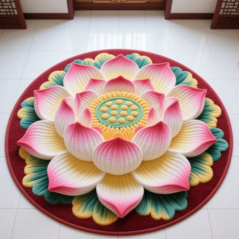 地毯莲花跪拜跪垫圆形立体满铺水晶中式荷花卧室地垫古典客厅家用|undefined