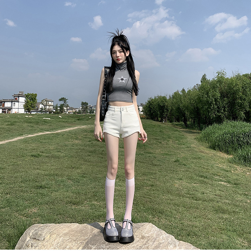 White Denim Shorts for Women Summer New High-Waisted Slimming Look Tight Elastic Small A-Line Sexy Ultra-Short Hot Pants
