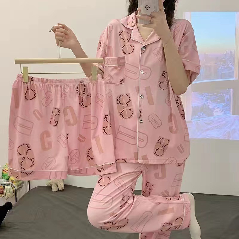 Pijamas de alta gama para mujer, conjunto de tres piezas con cárdigan a rayas de manga corta para verano, se puede usar en exteriores, conjunto de ropa para el hogar para primavera y otoño de 2025