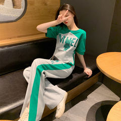 夏の新型カジュアルスポーツスーツ女性半袖tシャツ上着オープンパンツファッション2点セット
