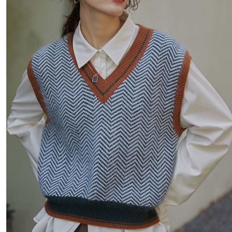 韩国东大门2025秋冬新款复古V领短款拼色百搭套头无袖针织马甲女