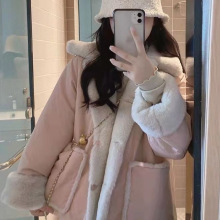 粉色两面穿羊羔毛外套女2025冬季新款小个子短款加绒加厚棉衣棉服