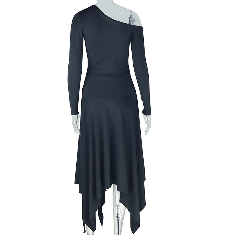 Personality Slim Fit Solid Color Women Asymmetric dress Shoulder off Shoulder Collar Long Sleeve Mid Length Dress