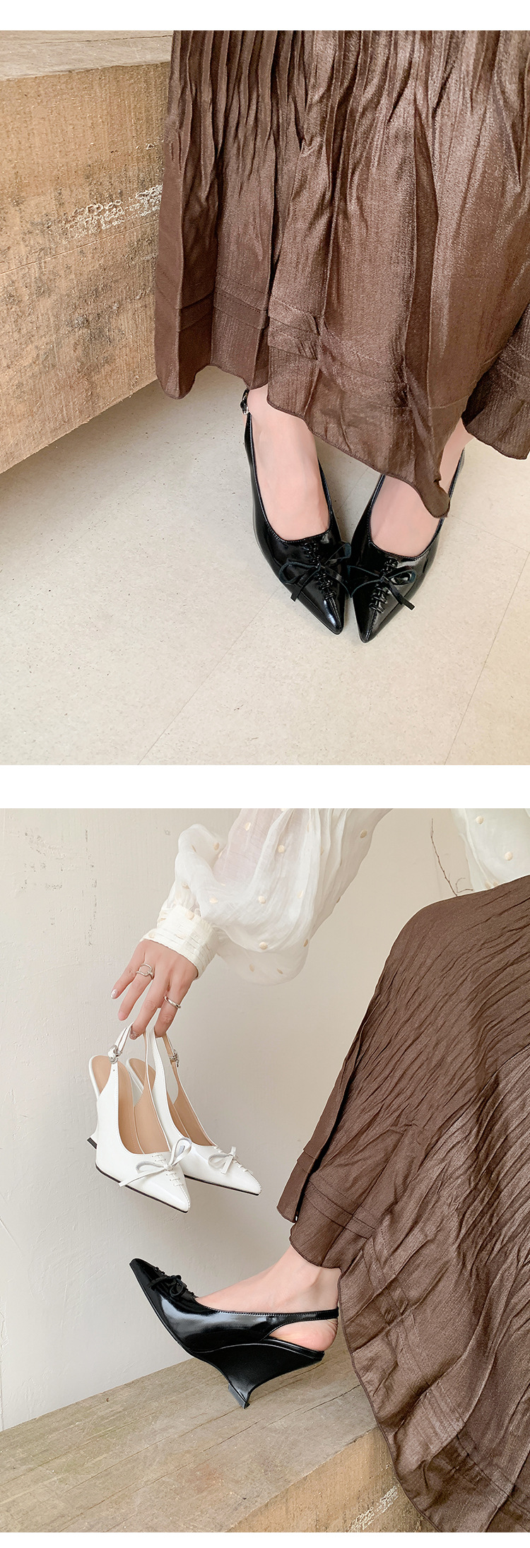 Sandal cao gót nữ mũi nhọn hở gót, gót xuồng 9 cm, nơ bướm — màu đen, màu trắng ngà chi tiết 18