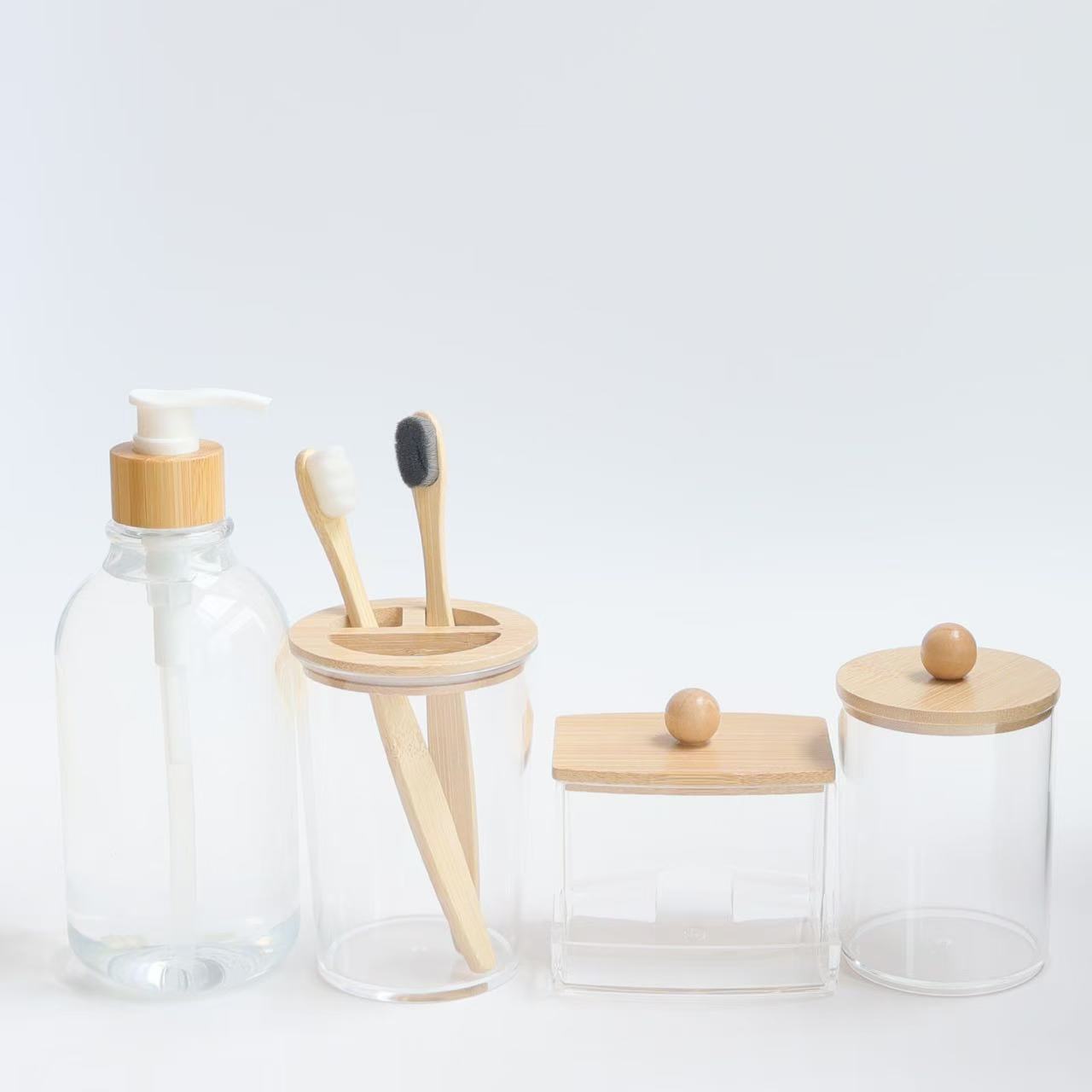 Zhuo Lin Transparent Bamboo Lid Hand Sanitizer Bottle Toothbrush Cup Bathroom 4-Piece Set Cotton Swab Storage Box Cotton Ball Jar
