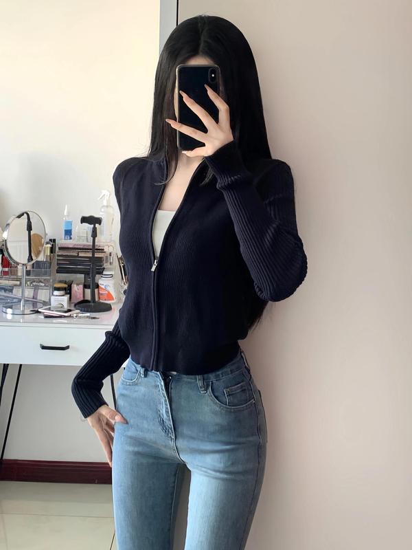 韩版软糯拉链针织衫女士秋冬新品内搭休闲学院风毛衣外套卫衣上衣|undefined