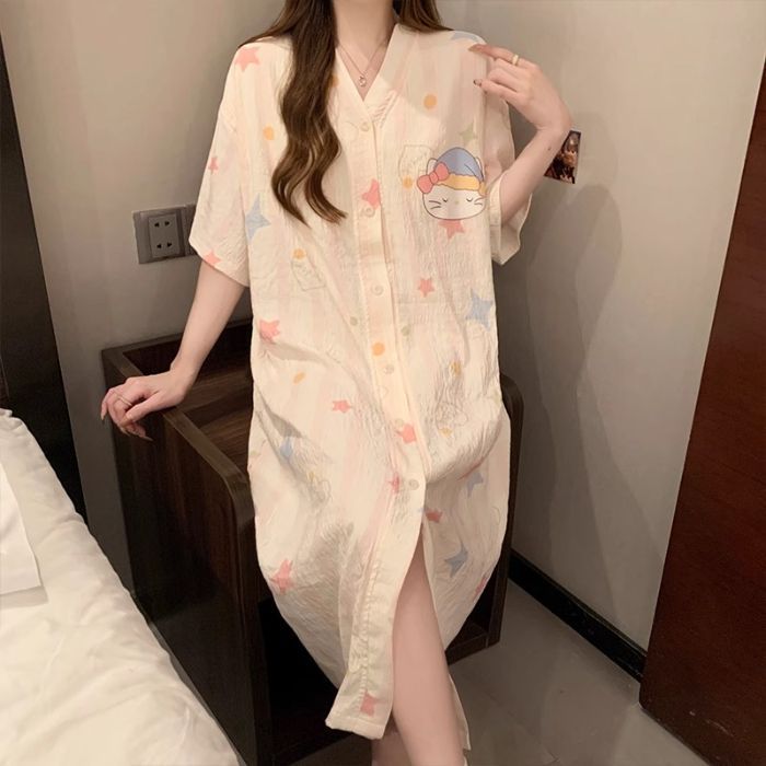 Camisón de manga corta al por mayor transfronterizo pijama de verano para mujer, falda larga, cárdigan, suelto, ropa de casa de dibujos animados, algodón de nube