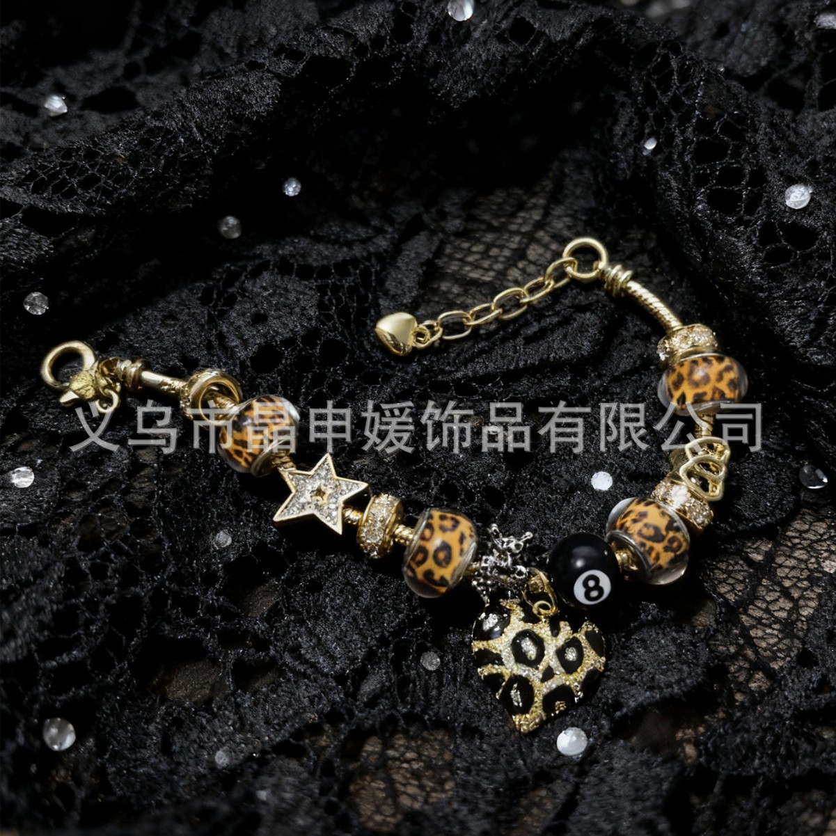 Pan Jia pulsera interfronteriza explosión DIY pulsera de cuentas de bronce estampado colgante de amor negro ocho joyas de moda