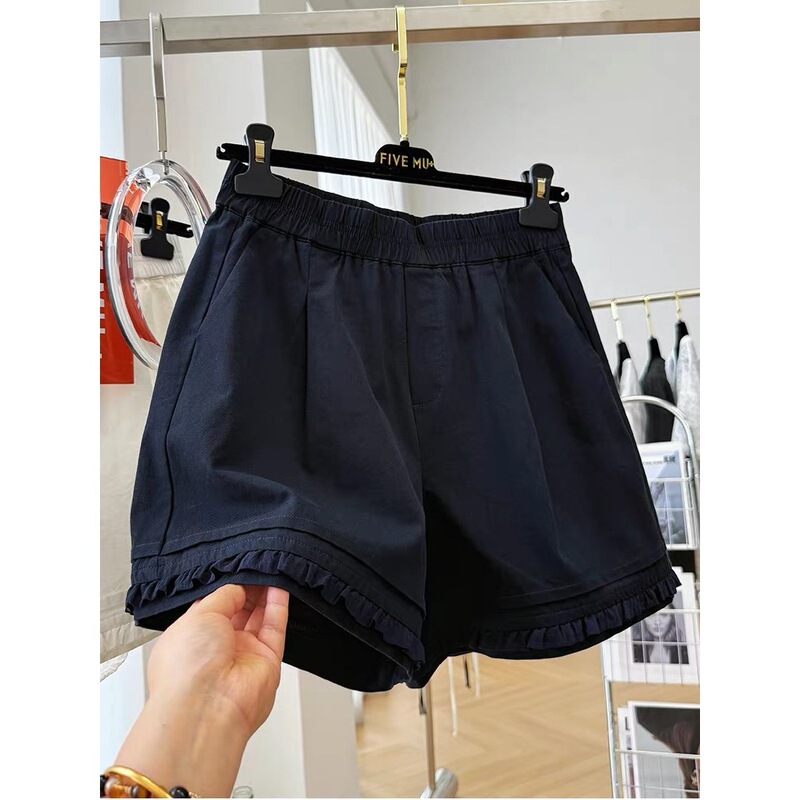Plus Size Navy Blue Casual Shorts for Women, Summer New Style, Petite, Loose, Slimming, Ruffled Elastic Waist Pants, Trendy