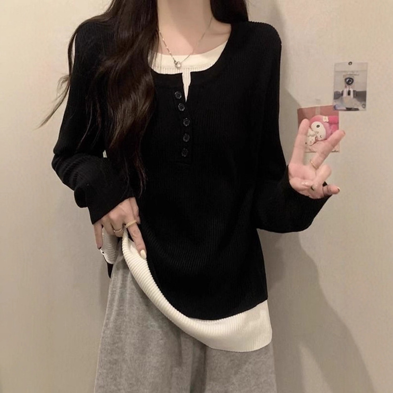 软糯遮肚子假两件毛衣针织衫女秋季新款胖妹妹宽松显瘦长袖打底衫|undefined
