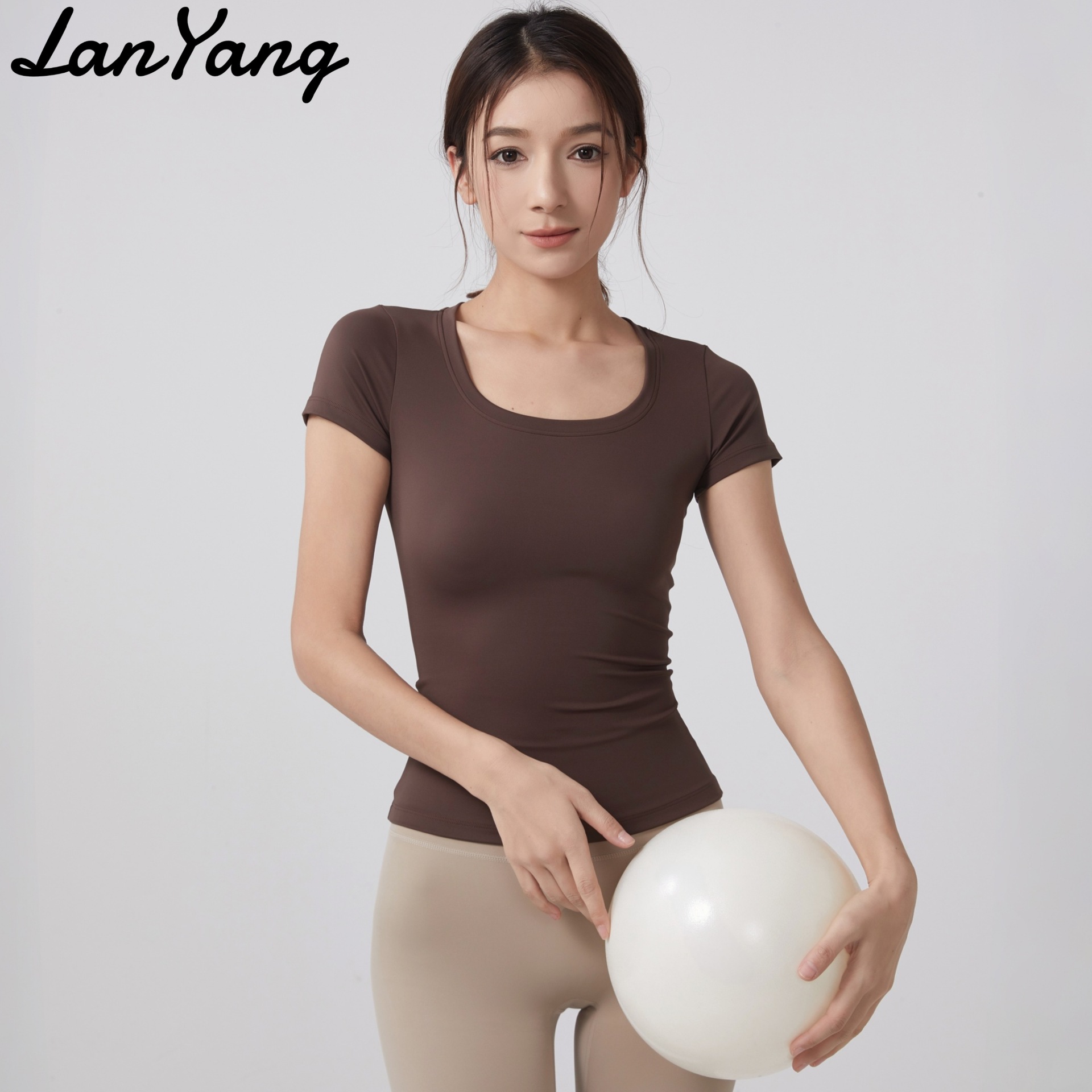 Yoga Clothing for Women, Summer Breathable U-Neck T-Shirt, Tight-Fitting Sports Short-Sleeved Pilates Training Clothing, Fitness Slim-Fitting Top