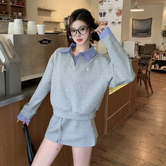 2025年秋季新款胖mm大码女拼接polo领运动风卫衣半身裙套装