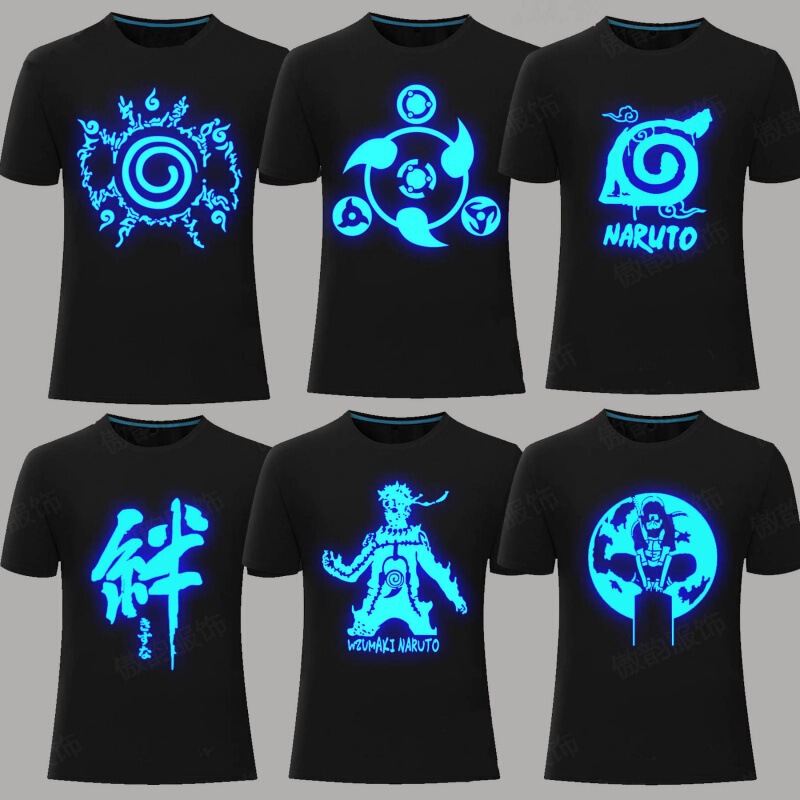 Naruto luminous short-sleeved T-shirt children's writing eyes Uchiha Sasuke Kakashi Naruto same clothes men