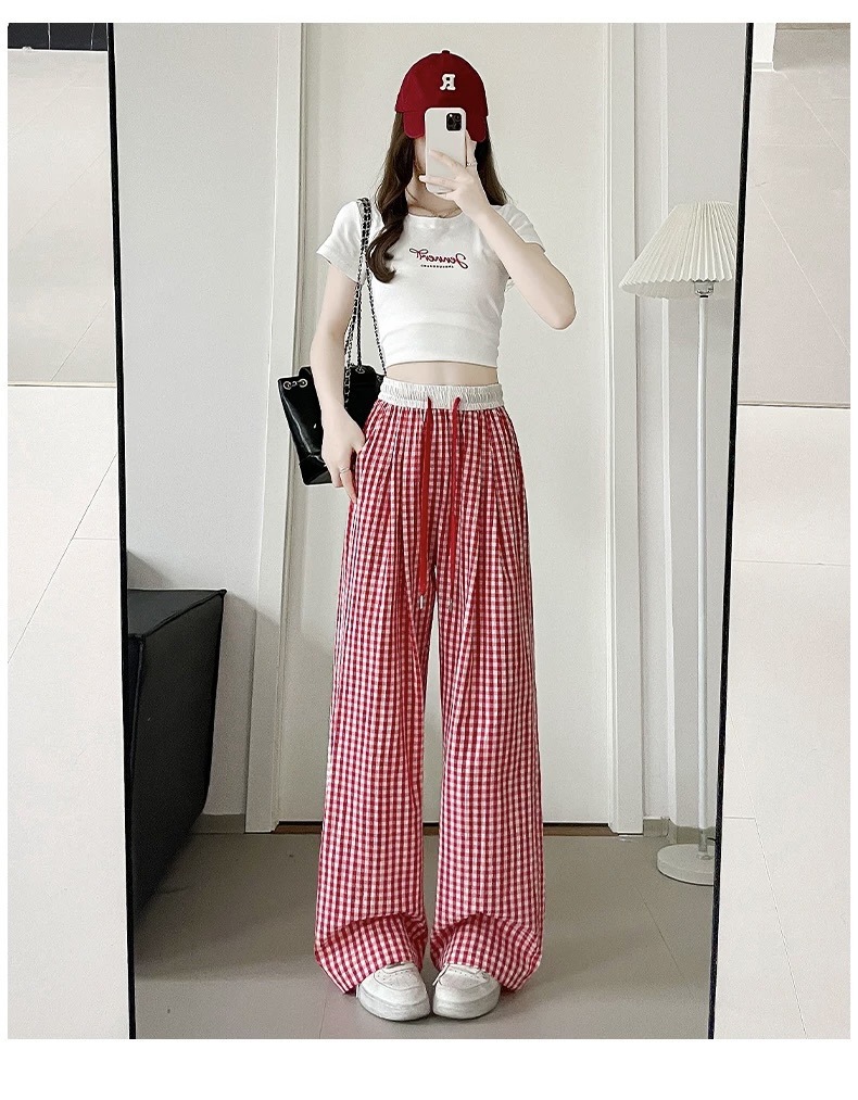 Pantalones a cuadros perezosos de dopamina de color en contraste para mujer, estilo fino de verano, cintura alta, cordón suelto, pantalones anchos de caída rosa casuales