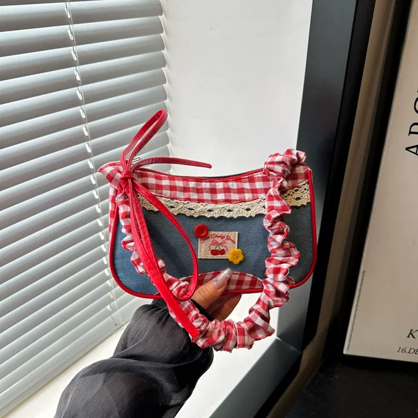Red Plaid Bag for Women 2025 New Trendy Fashion College Style Handbag Fresh and Cute Lace Shoulder Crossbody Bag