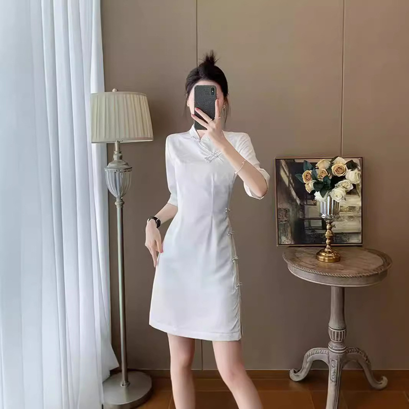 Autumn New White dress Women's Short High-end Tight Waist Slimming New Chinese Style Improved Cheongsam White Dress for Women