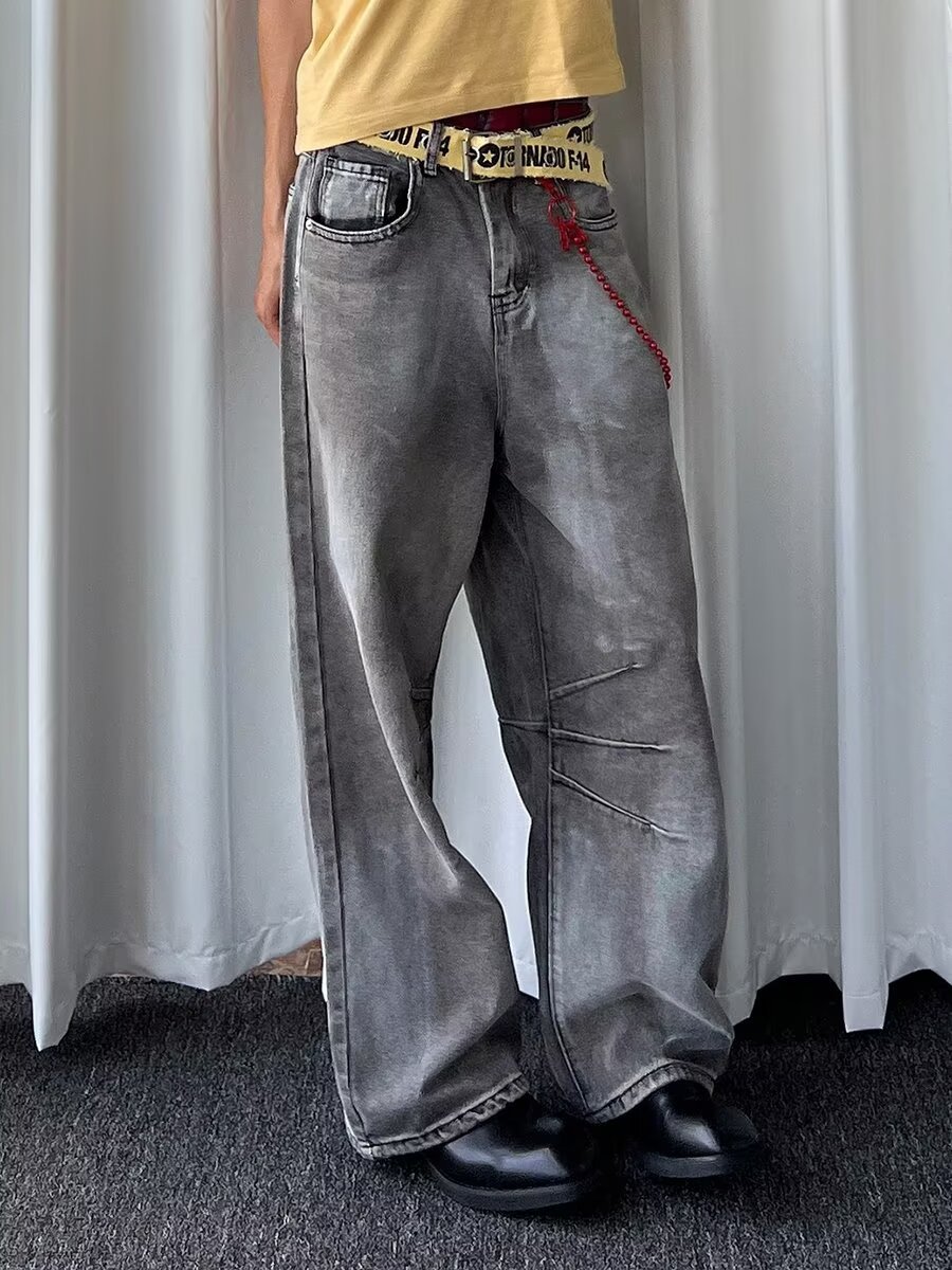 American Vintage Heavy Wash Light Gray Faded Jeans Unisex High Street Loose Fit Wide Leg Straight Pants_mkmklike.com