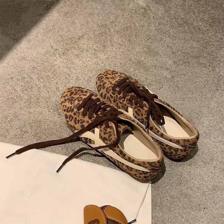 Sheepskin Version ~ 5cm Inner Height Increase Forrest Gump Shoes for Women, Leopard Print Contrasting Color, Versatile Casual Sneakers, Sports Shoes, Genuine Leather Training Shoes