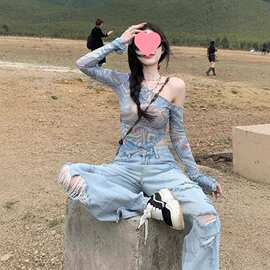 不规则露肩晕染防晒罩衫上衣女夏季修身紧身辣妹纯欲斜肩网纱t恤