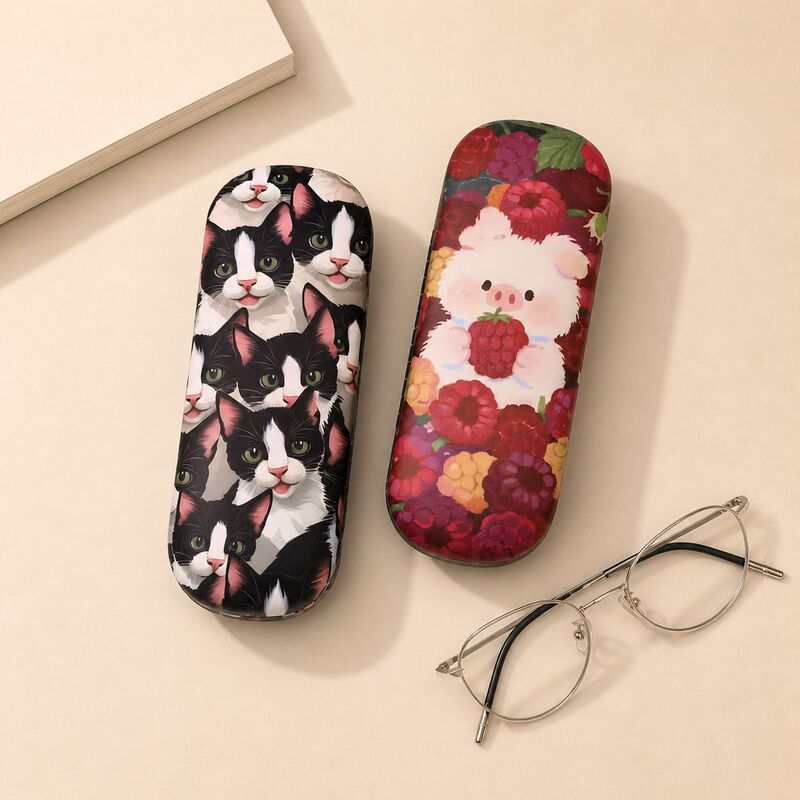 Cute black and white cat and piglet raspberry pattern iron eyeglass case, portable hard shell anti-pressure myopia glasses storage box Cute black and white cat and piglet raspberry pattern iron eyeglass case, portable hard shell anti-pressure myopia glasses storage box