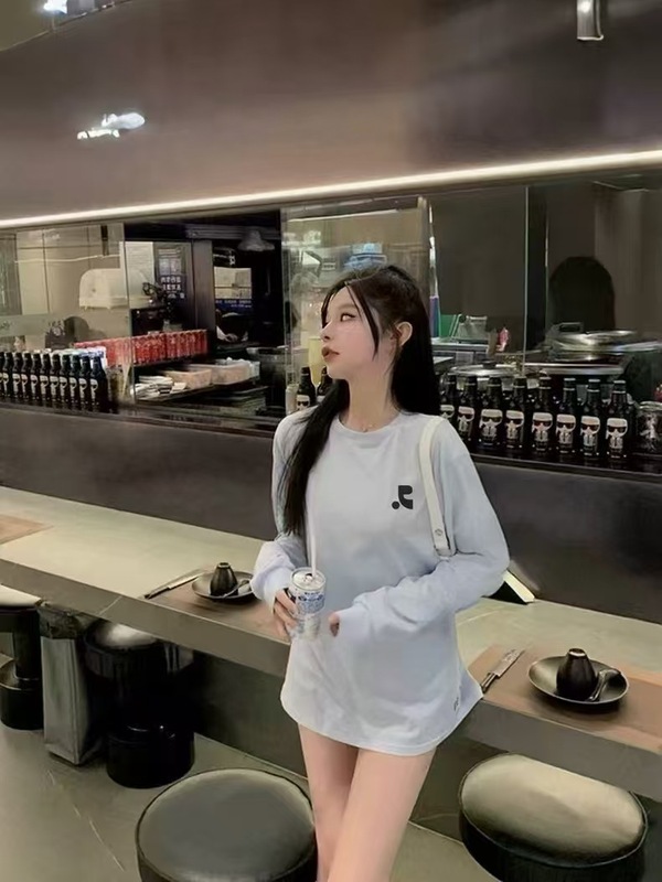 25韩国小众潮牌RR字母印花长袖t恤女宽松休闲男女情侣款打底上衣|undefined