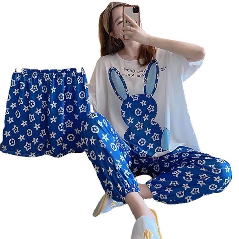 Pijama de verano de mujeres delgado en línea popular estilo coreano estudiantes dulces lindos vestidos para el hogar de mujeres se pueden usar con tres piezas