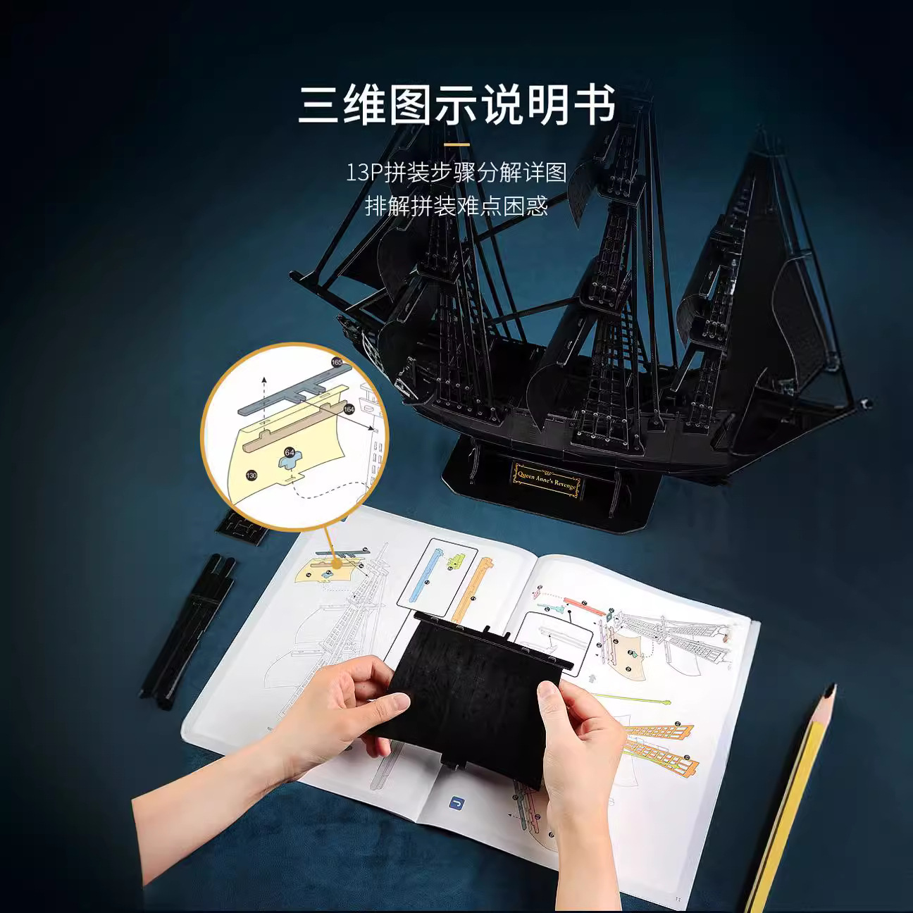 Maqueta de barco pirata del Caribe, Queen Anne's Revenge, Black Pearl, ensamblada en 3D, de LeCube