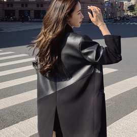 黑色皮衣西装外套女春秋2024新款小个子高级设计感小众拼接西服潮
