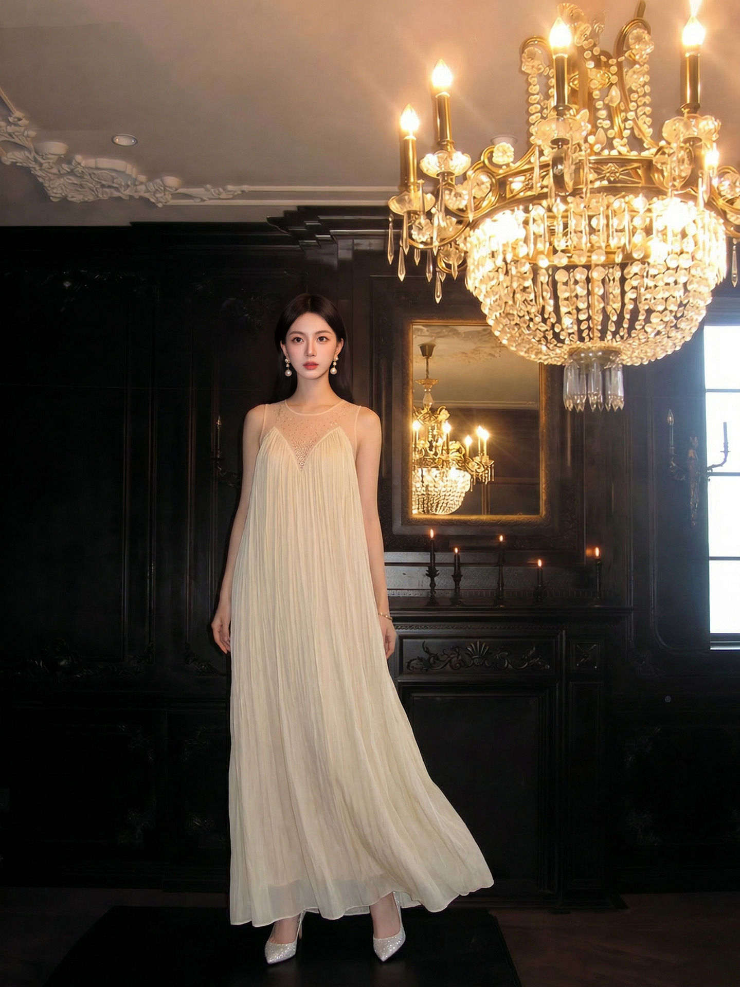 Đầm maxi nữ thắt eo không tay, cổ tròn, phối ren và vải lưới đính đá, tay áo xếp ly bồng — màu nâu, màu mơ