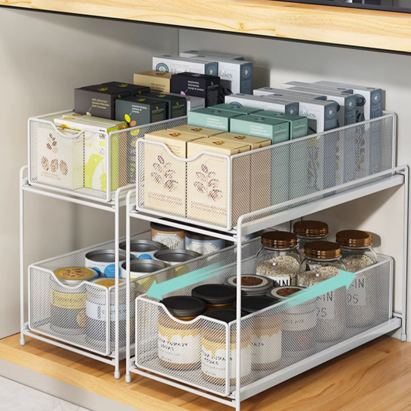 2-Layer Pull-Out Kitchen Cabinet Under-Sink Storage Rack Sliding Drawer Bathroom Storage Rack Multi-Functional Storage Rack