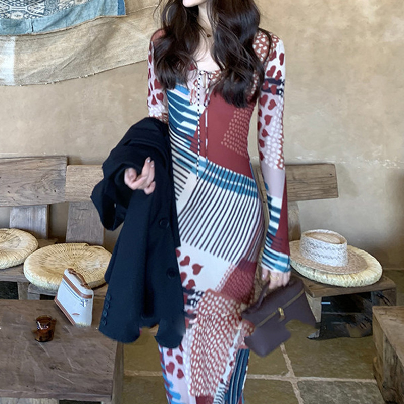 In-Stock Pop Art Style Vintage Resort-Style Printed Bias-Cut Fishtail Dress, New Spring Fashion Dress