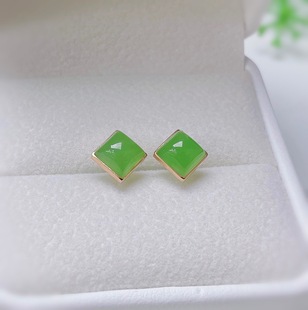 Fube Diamond Jewelry [18K Gold Inlaid with Natural Hotan Jasper Apple Green Square Earrings] Bare Stone Size 6*6mm