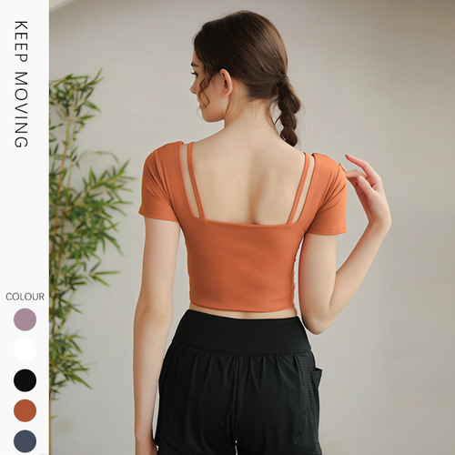 New spring and summer yoga clothes for women, tight-fitting sports tops with chest pads, short-sleeved running slim backless T-shirt fitness clothes