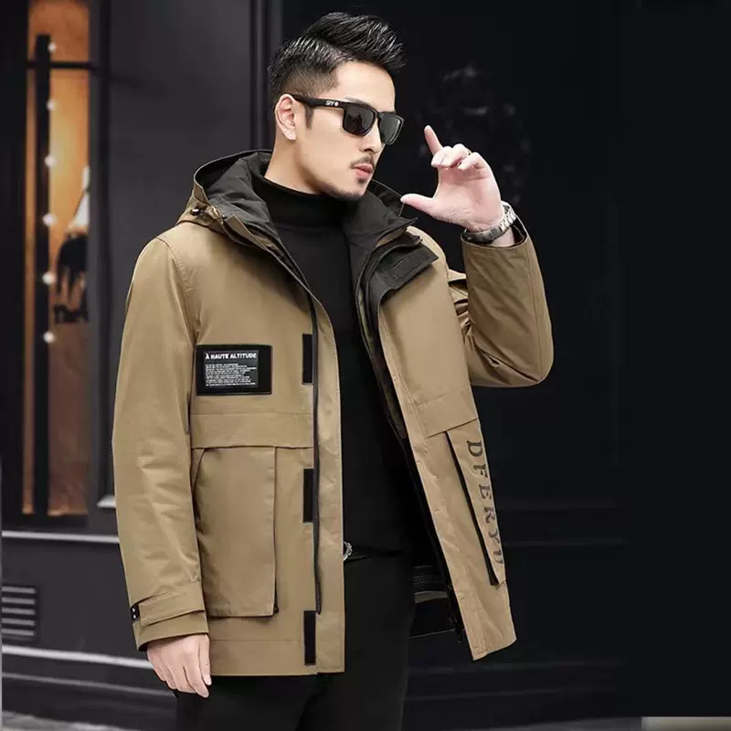 海宁男士派克服皮毛一体可拆卸獭兔毛内胆商务休闲连帽皮草外套冬