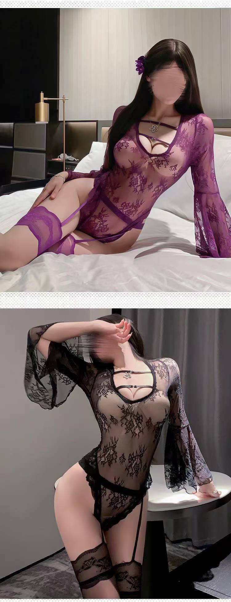 Purple See-Through Lace Mesh Jumpsuit with Deep V and Bell Sleeves — detail image 6