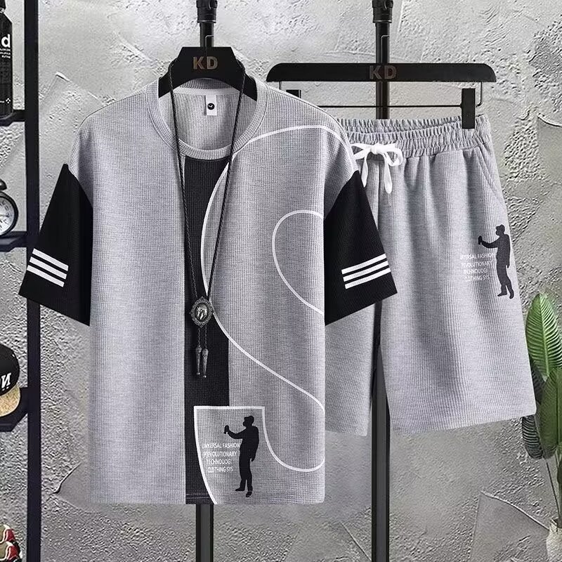 Casual Sports Suit Men's Short-Sleeved T-Shirt Shorts Summer Loose Trendy Stylish Solid Color Jacquard Half-Sleeved Clothing Casual Sports Suit Men's Short-Sleeved T-Shirt Shorts Summer Loose Trendy Stylish Solid Color Jacquard Half-Sleeved Clothing