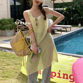THE LEMON柠檬绿茶小众设计感镂空叠穿背心连衣裙女春夏气质长裙
