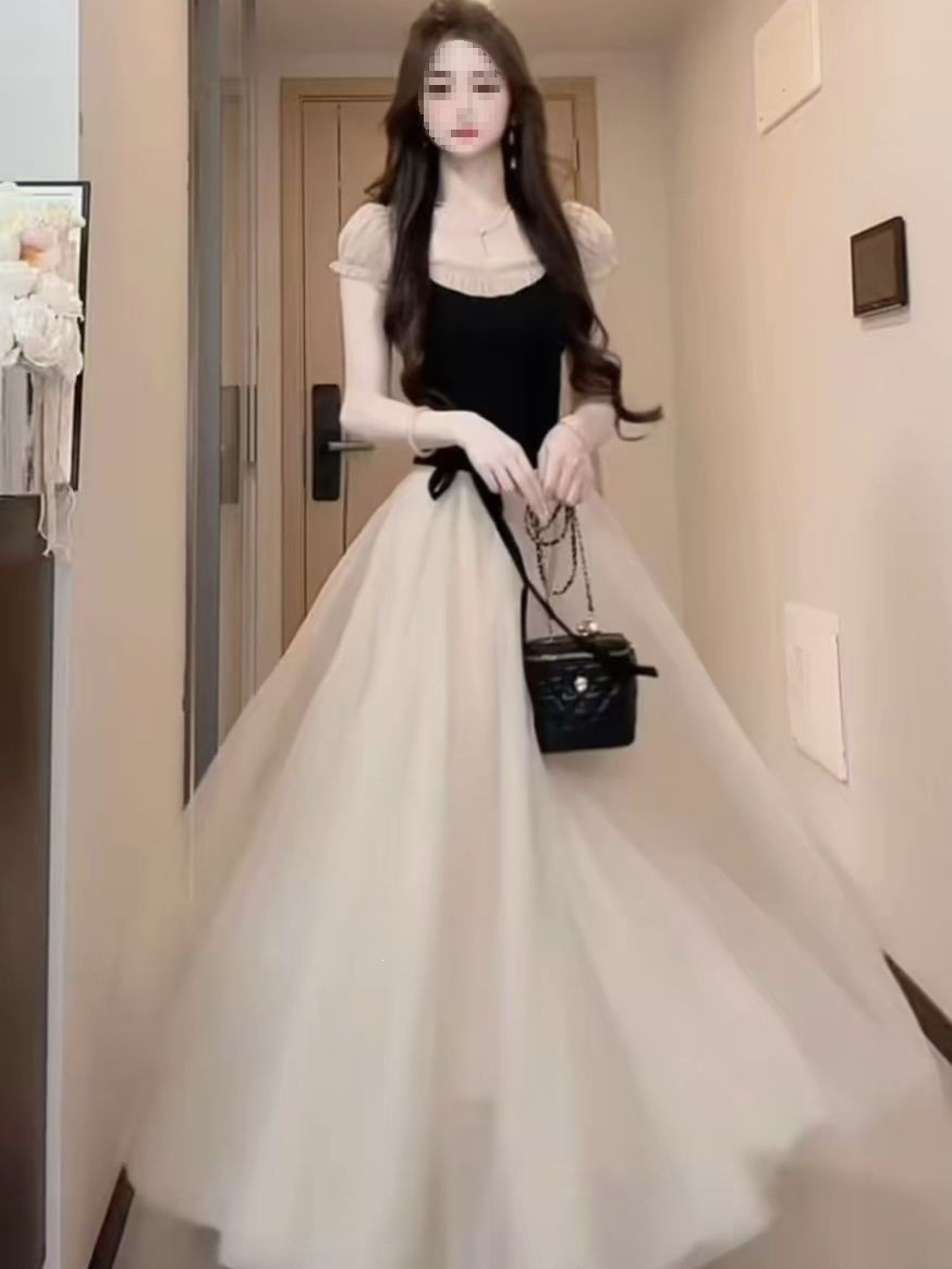 Đầm maxi nữ cổ vuông tay ngắn phong cách Pháp, thiết kế chắp vá thanh lịch, dáng suông nhẹ thắt eo — Đánh vần màu đen chi tiết 9