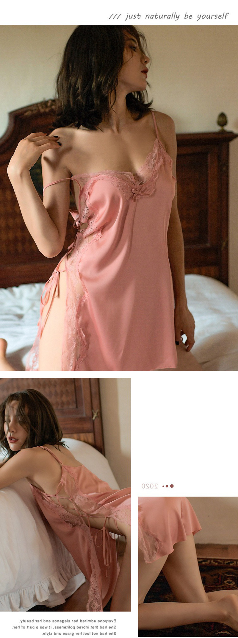 Imitation Silk Slit Babydoll Nightgown with Shoulder Straps, Backless Plus-Size Blue Set — detail image 7