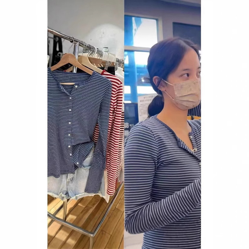 Bm Style Ouyang Nana Celebrity Style Blue and White Striped Lace Collar Eyelet Long Sleeve T-Shirt Women's Base Cardigan Top Bm Style Ouyang Nana Celebrity Style Blue and White Striped Lace Collar Eyelet Long Sleeve T-Shirt Women's Base Cardigan Top